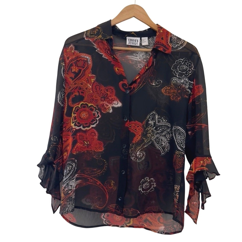 Chicos Design Womens Size 1 M Silk Paisley Floral Button Down Top Fairygrunge